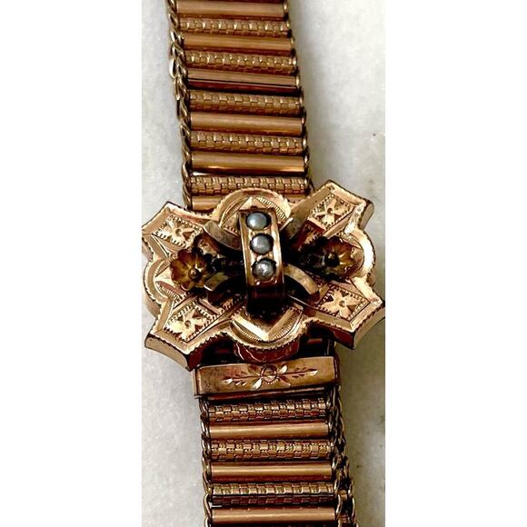 Antique Victorian Etruscan Revival Tassel Slide Bracelet Seed Pearl Gold Filled - Picture 3 of 16